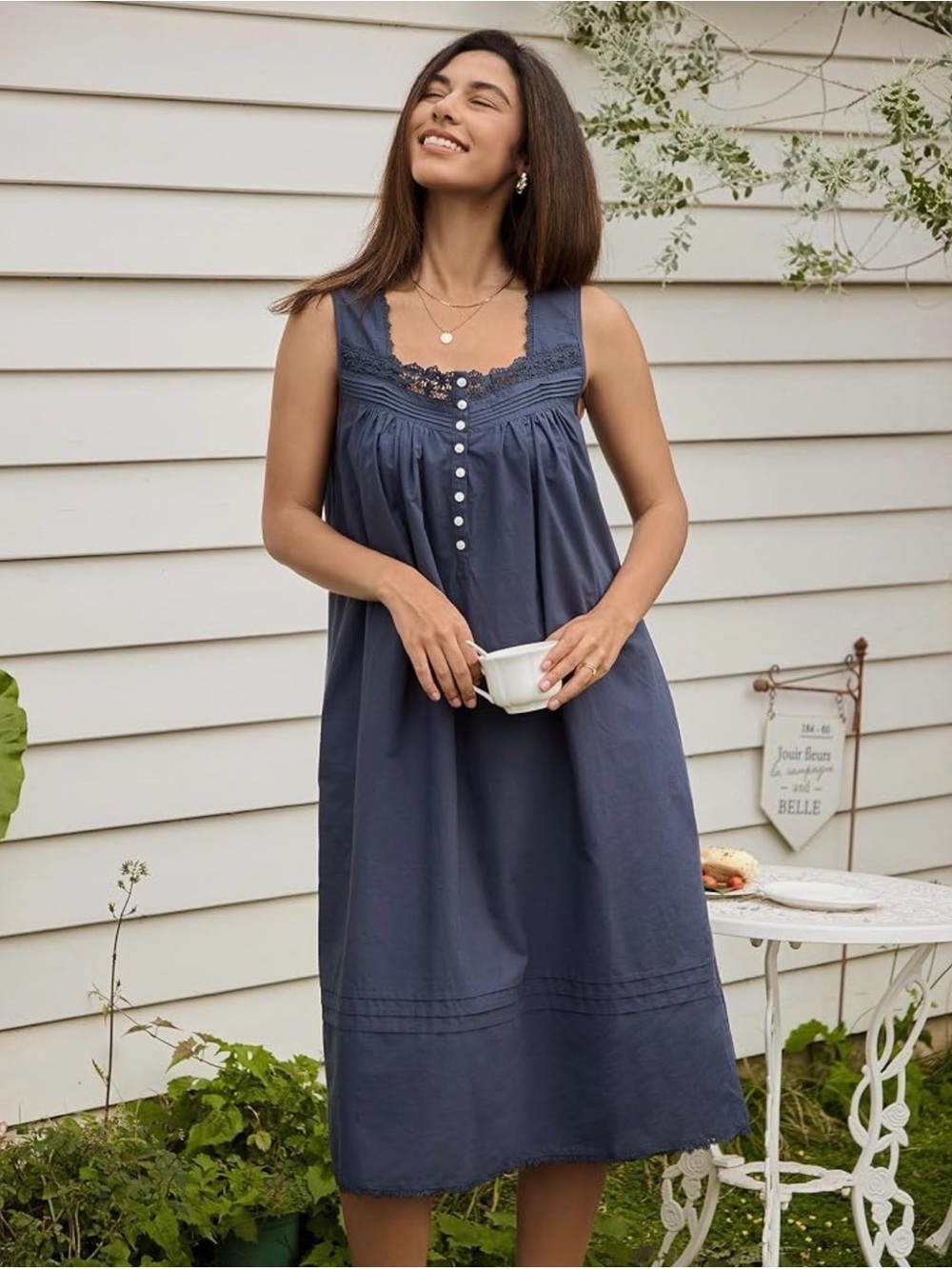Lace-Trim Sleeveless Nightgown in Navy- 100% Cotton